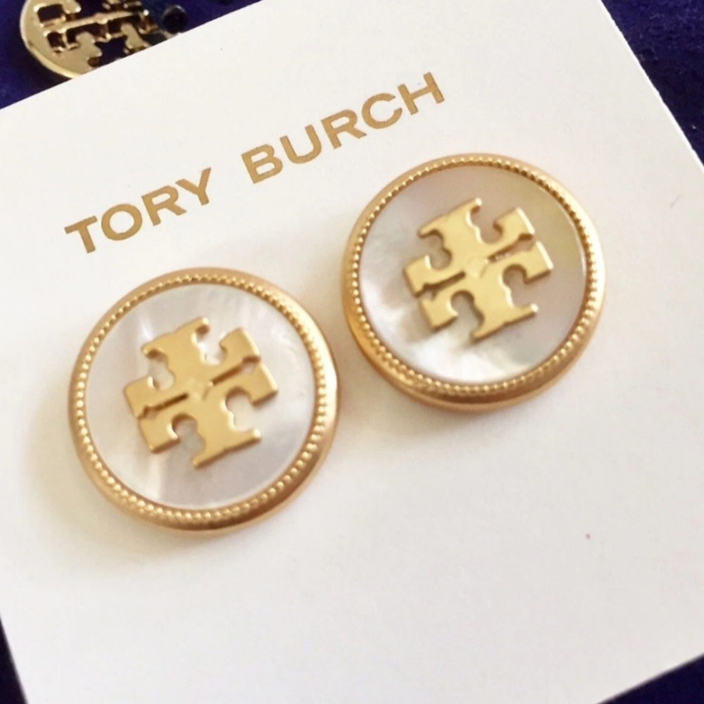 Tory Burch semiprecious ivory round button stud logo earrings